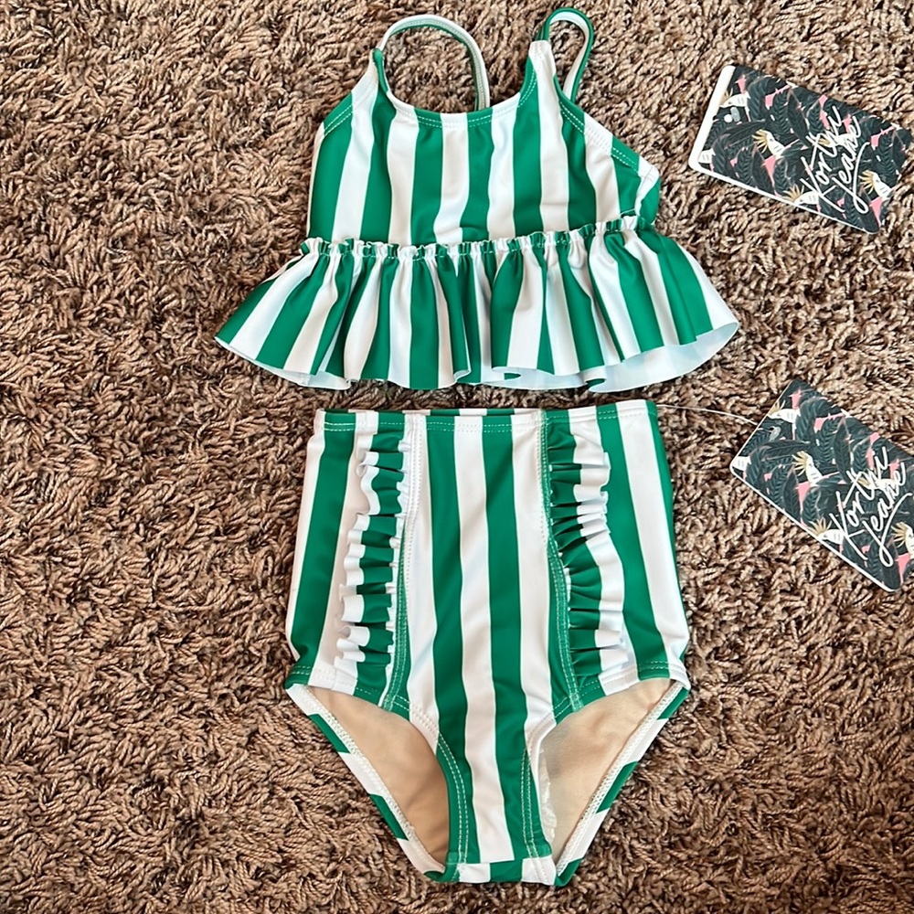 Kortni Jeane green stripe peplum bikini set 12/18mo NWT